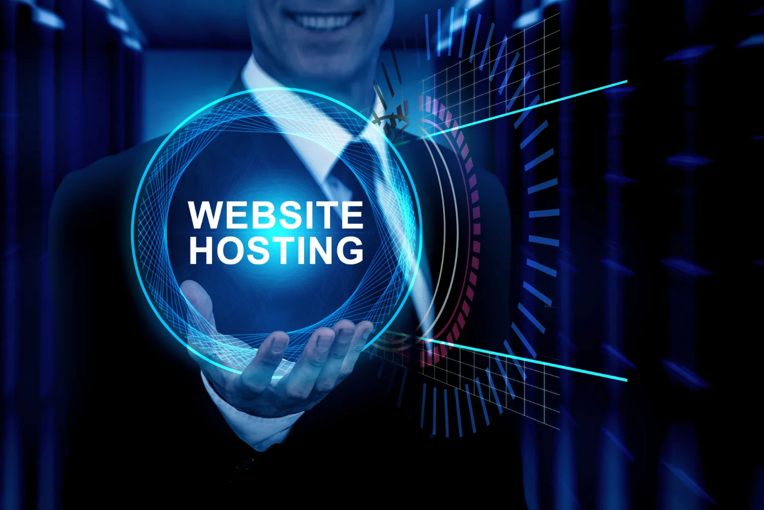 A businessman presenting a virtual button labeled 'Website Hosting' to symbolize online services and digital solutions.